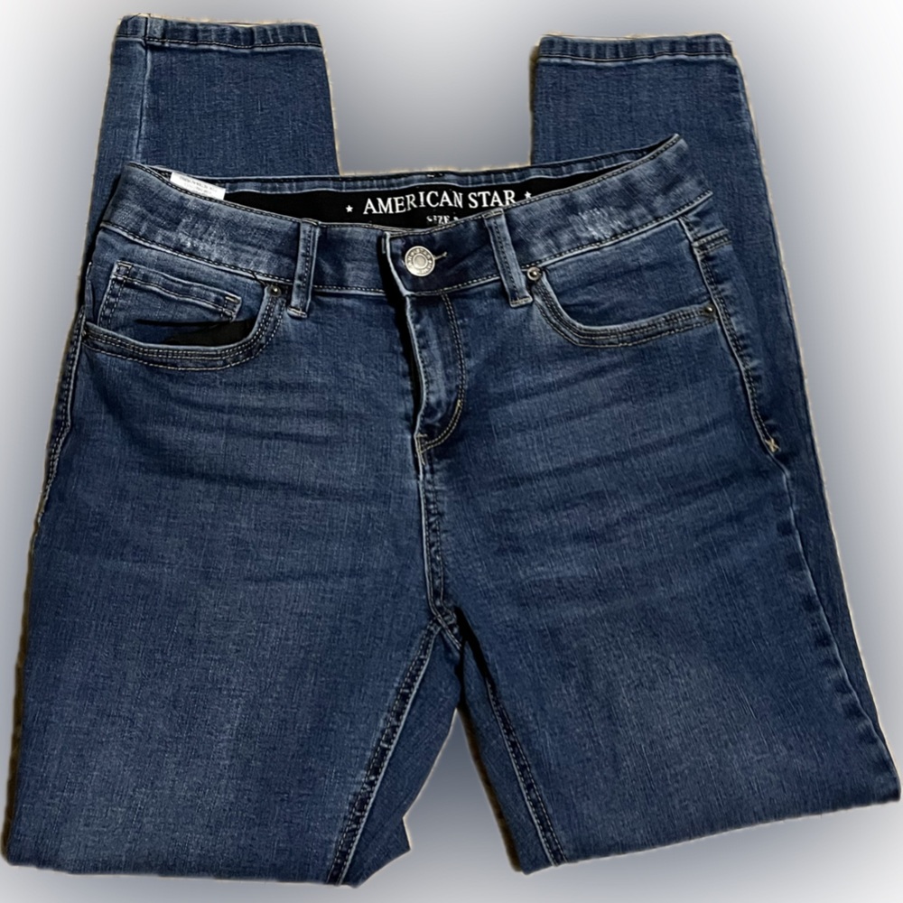 Skinny Blue Jeans with Faded Indigo Look w Thick Waistband
